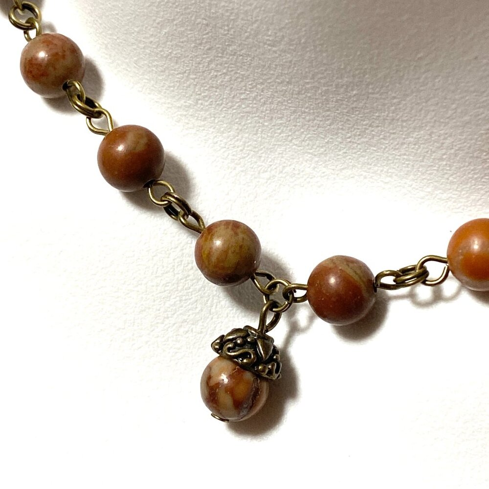 Natural Earthy Polychrome Jasper Necklace, Cute Bronze Acorn + Genuine Gemstone